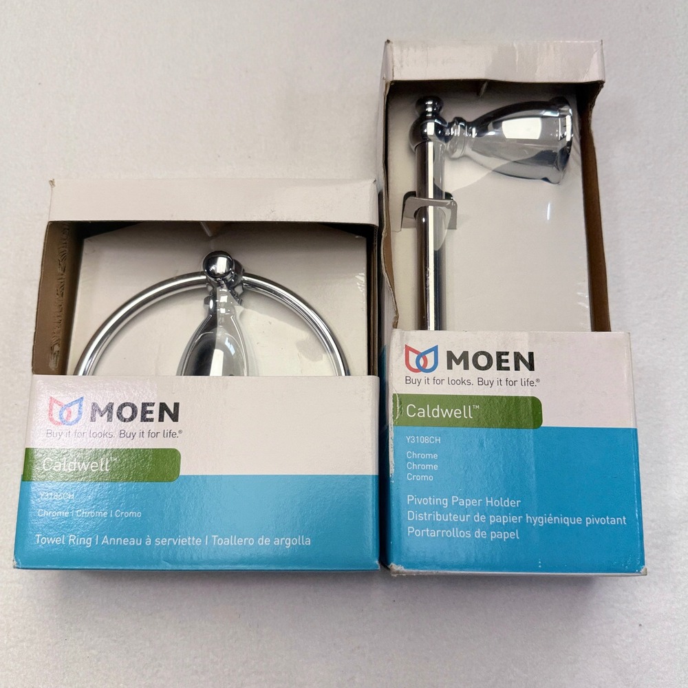 Moen Caldwell Chrome Pivoting Toilet Paper Holder Y3108CH Towel Ring Y3186CH Set